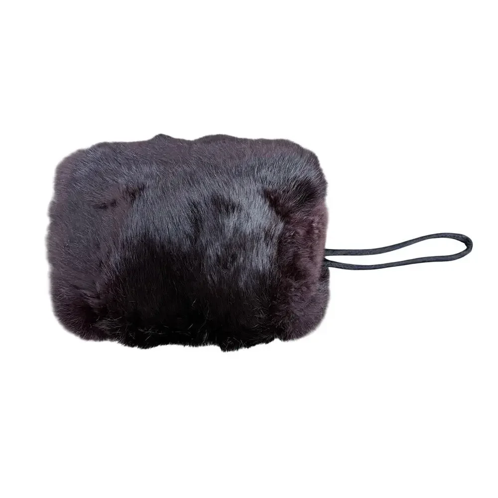 Vintage Real Fur Muff Hand Warmer brown Cherry Burgundy Satin Strap old money